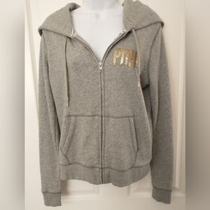 PINK By VS Gray Zip-Up Hoodie with Gold Lettering, Size Small